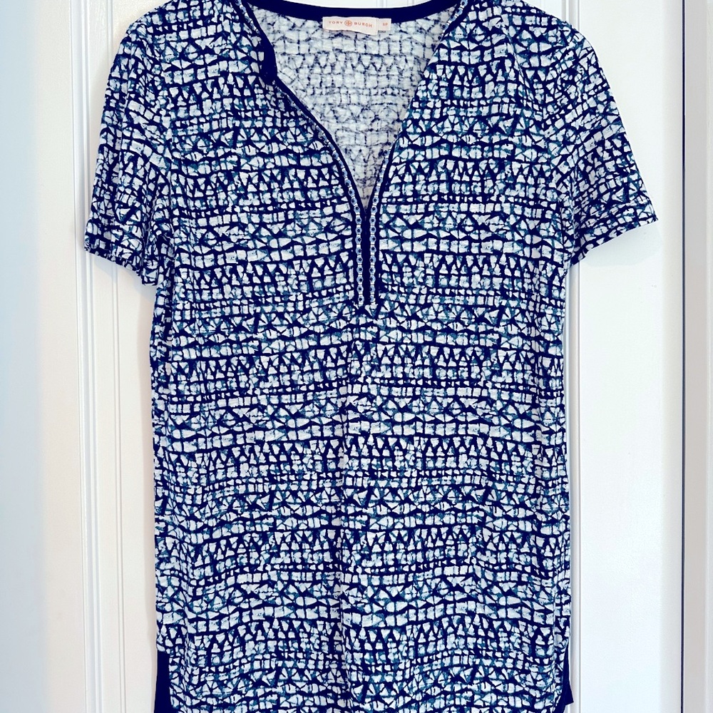 Palm beach, coastal Tory Burch tunic in blue ikat print with beaded neckline